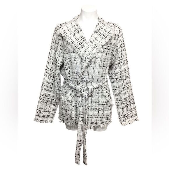 Doe & Rae White Tweed Wrap Coat Blazer Self Tie Belt Fringe New Size Large - Picture 1 of 7